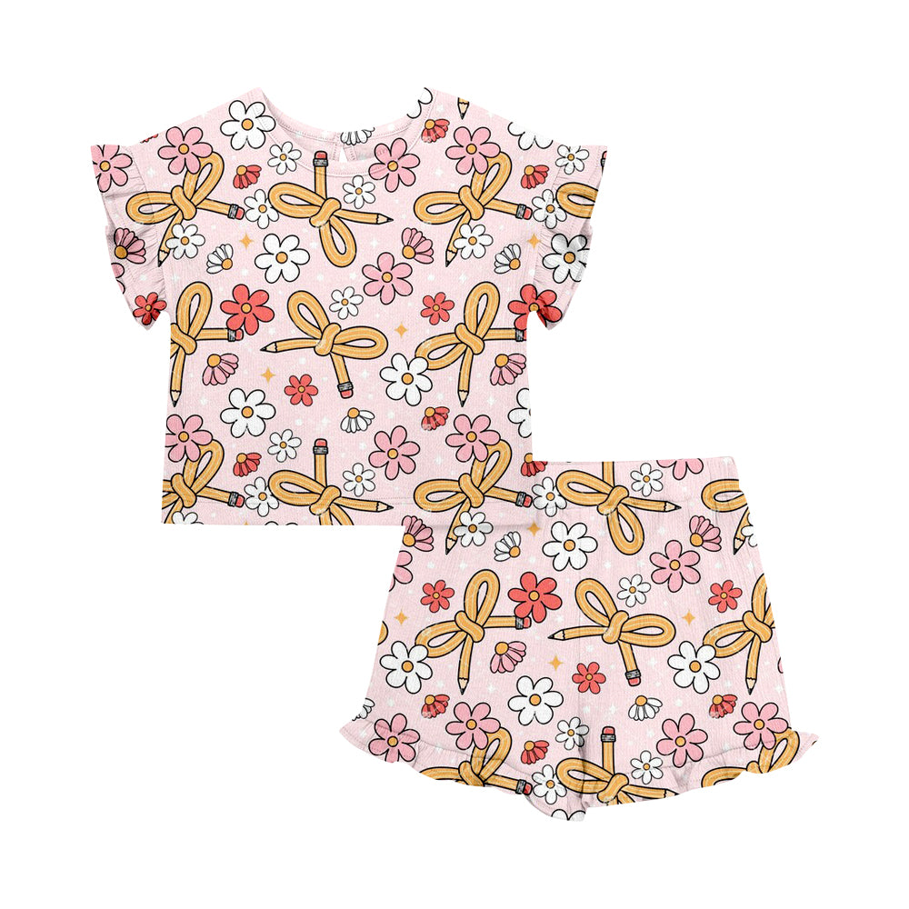 ( Moq 5 Each Style ) Sibling Baby Girls Kids Short Sleeves Pencil Bows Flower Shirts Shorts Back to School Sets