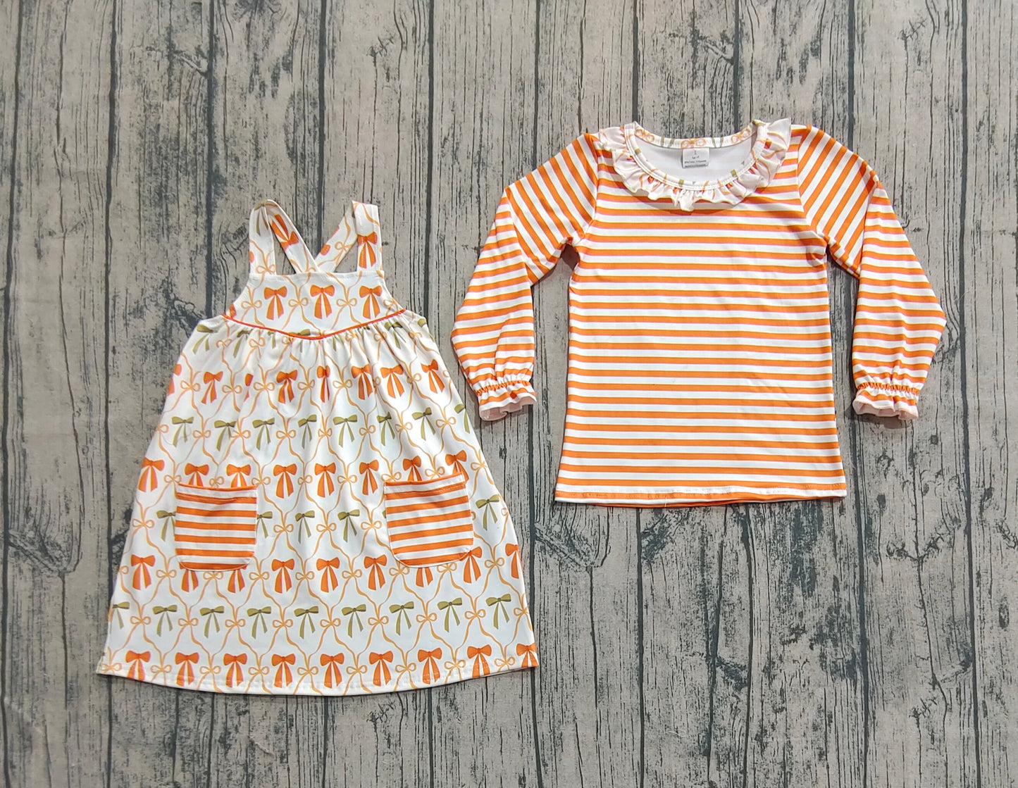 Baby Girl Long Sleeves Stripes Shirt Sleeveless Pockets Bows Dress Set RTS