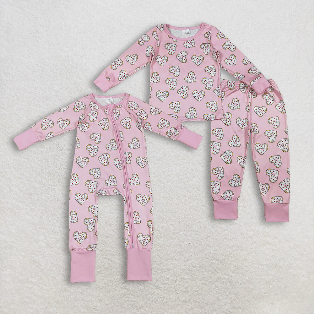 Sibling Baby Girls Kids Long Sleeves Donuts Hearts Valentines Pink Zipper Romper Pajamas Set RTS