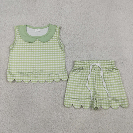Baby Girls Kids Short Sleeves Green Plaid Shirt Scallop Shorts Summer Set Clothes RTS