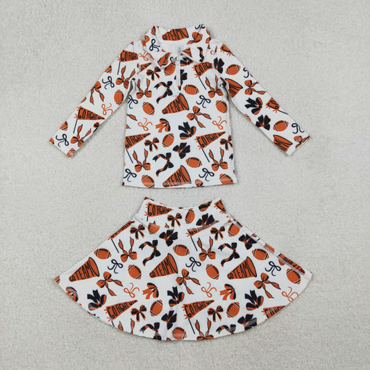 Girls Kids Bows Orange Football Zipper Shirt Yoga Active Skorts Team Clothes Set RTS