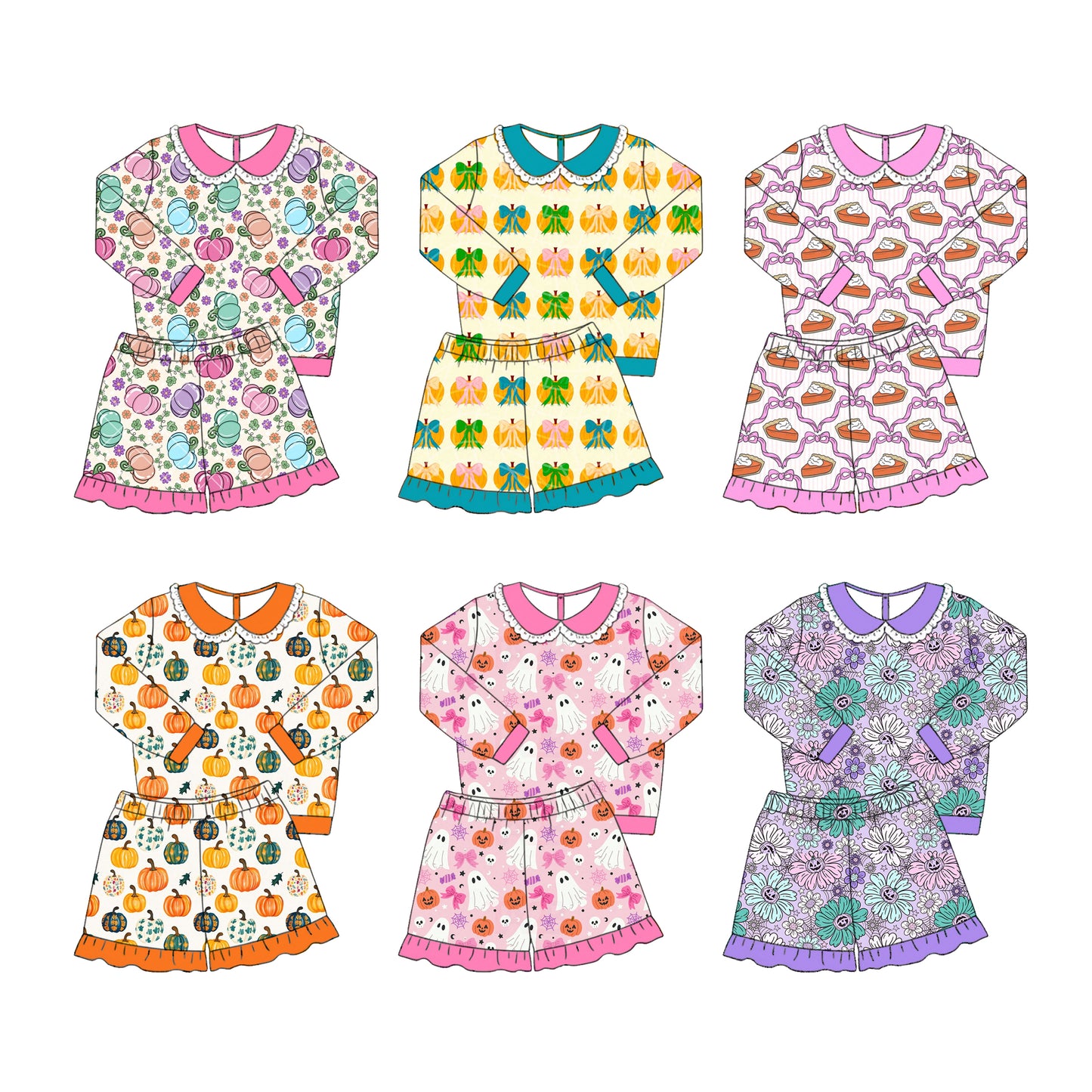 ( Moq 5 Each Style ) Sibling Baby Girls Kids Long Sleeves Pumpkins Bows Shirt Shorts Sets Fall Clothes