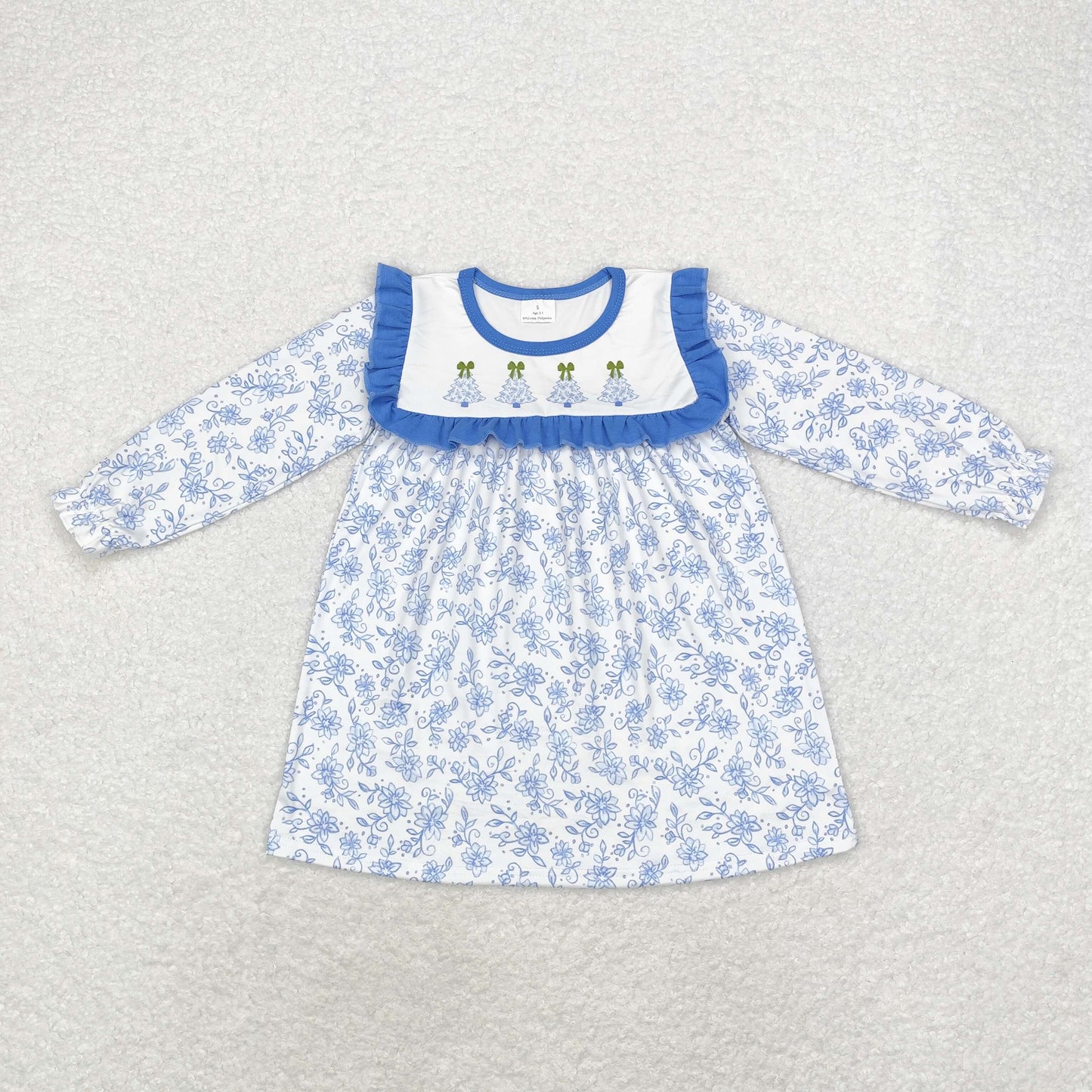 Baby Girl Long Sleeves Blue Flowers Christmas Trees Dress