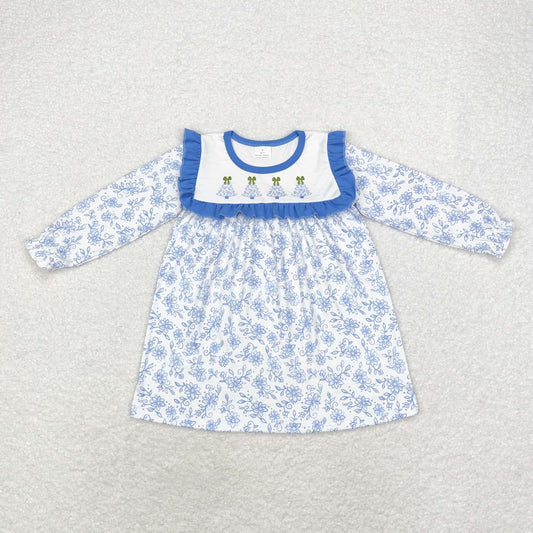 Baby Girl Long Sleeves Blue Flowers Christmas Trees Dress