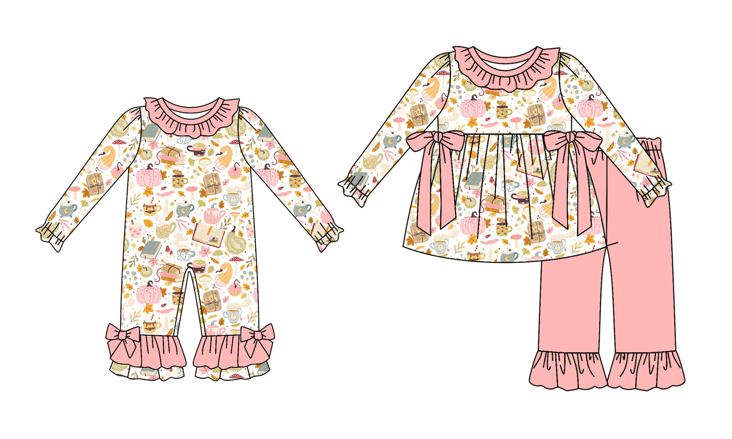 ( Moq 5 Each Style ) Sibling Baby Girls Kids Long Sleeves Pumpkins Bows Pink Romper Set Halloween Clothes