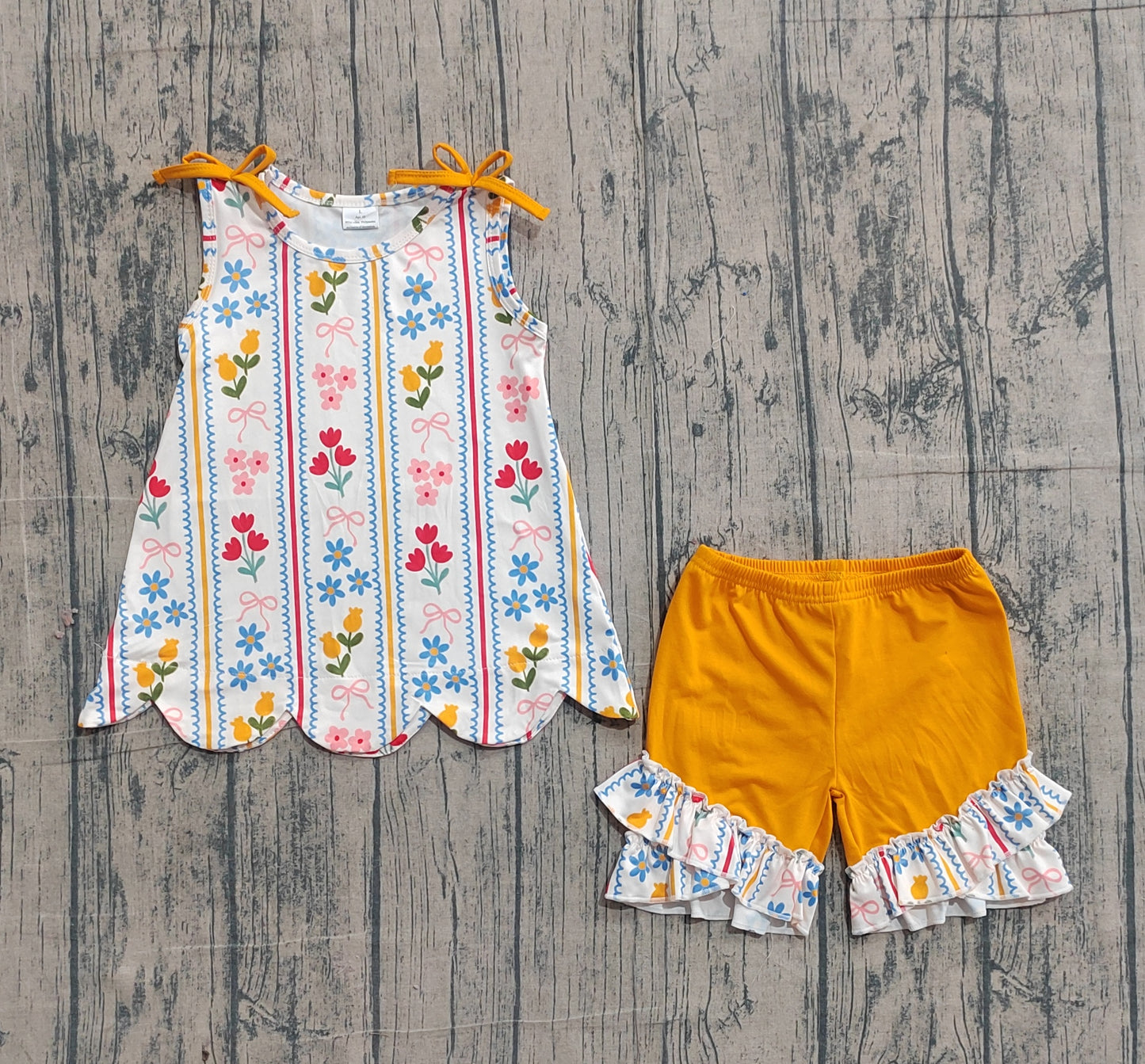 Baby Girls Kids Orange Bows Flower Scallop Tops Ruffle Shorts Summer Set RTS