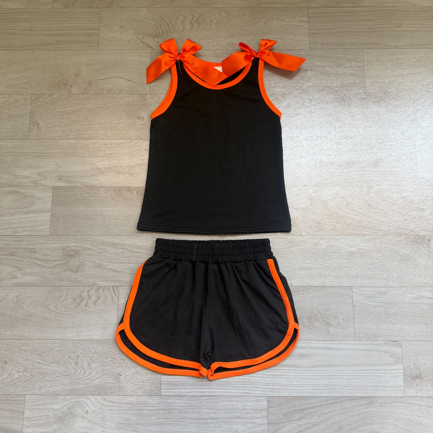 ( No moq ) Preorder Baby Girls Kids Orange Bows Shirt Shorts Black Set Summer Clothes