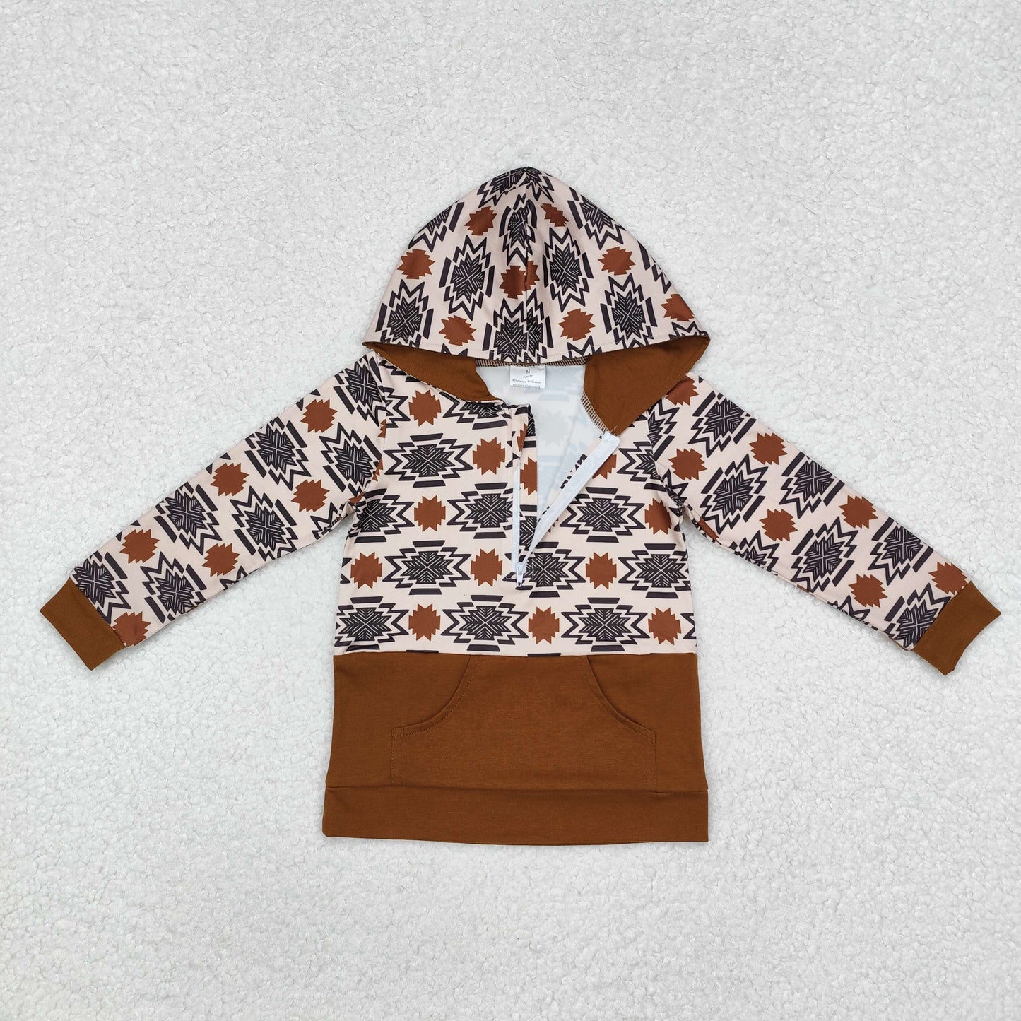 Baby Boy Kids Long Sleeves Western Aztec Hoodie Brown Pocket Pullover Tops