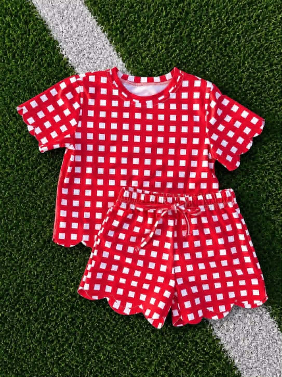 ( Moq 5 ) Preorder Baby Girls Kids Short Sleeves Red Plaid Shirt Scallop Shorts Set Clothes