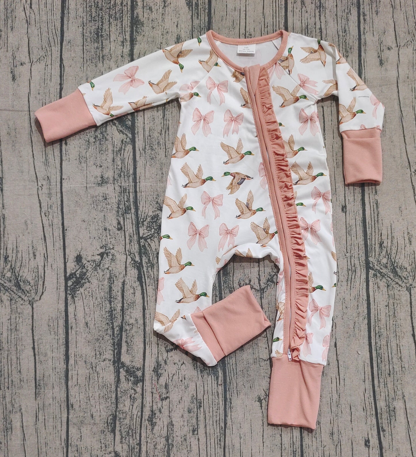 ( No moq ) Preorder Baby Girl Long Sleeves Ducks Pink Bows Zipper Pajamas Romper