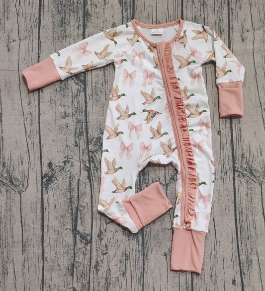 ( No moq ) Preorder Baby Girl Long Sleeves Ducks Pink Bows Zipper Pajamas Romper