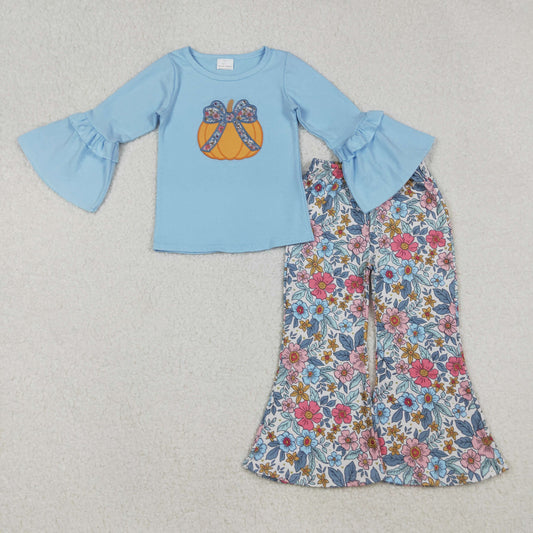 Baby Girl Blue Long Sleeves Embroidery Bow Pumpkin Tunic Flower Pants Fall Set RTS