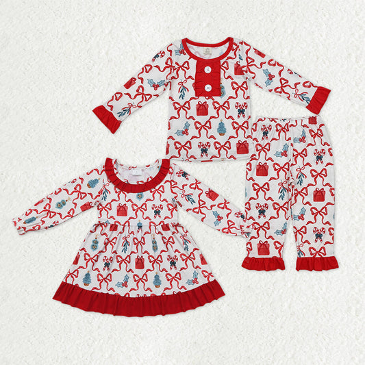 Sibling Baby Girls Long Sleeves Christmas Candy Cane Dress Set Clothes RTS