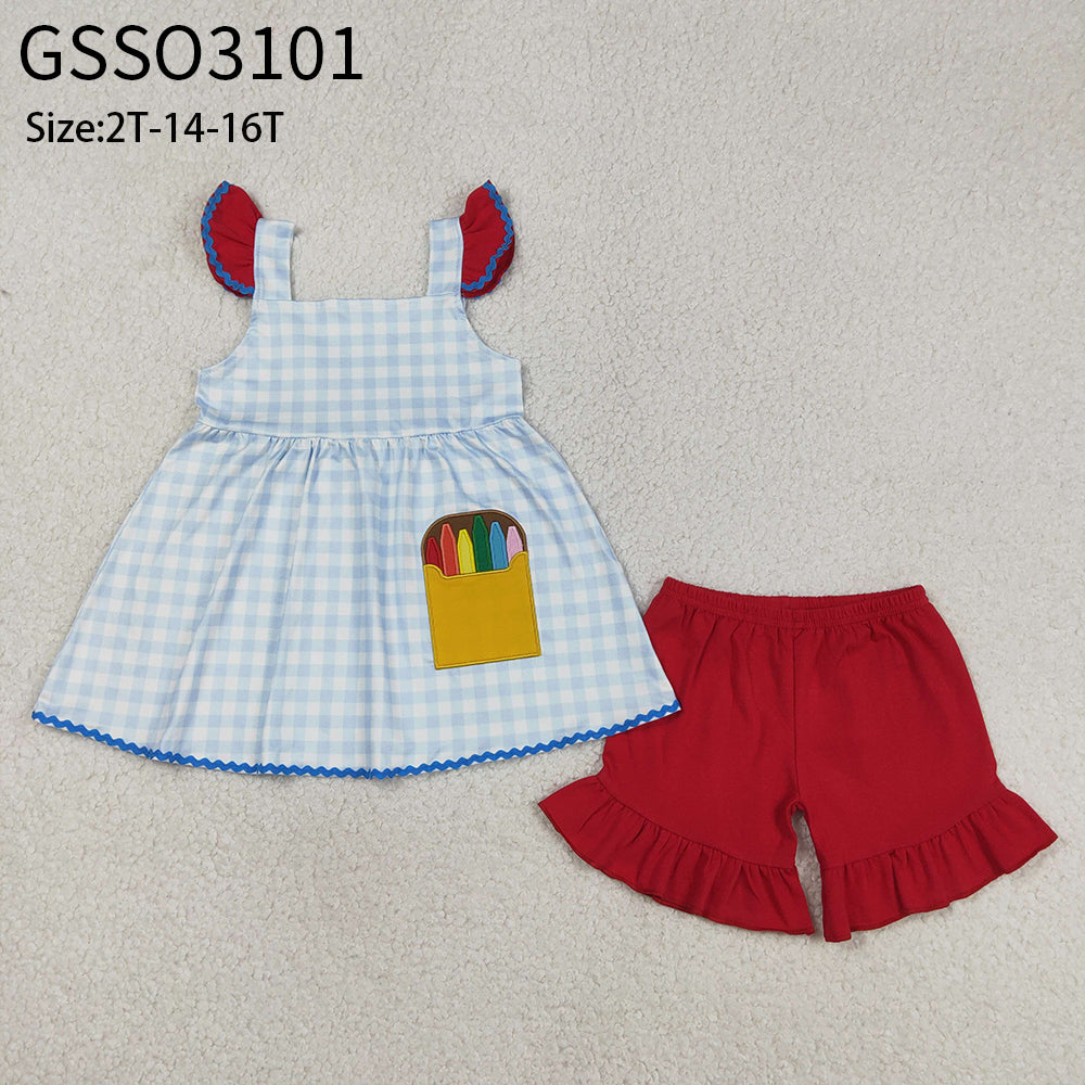 Sibling Baby Boys Girls Embroidery Pencil Plaid Tops Shorts Back to School Sets RTS