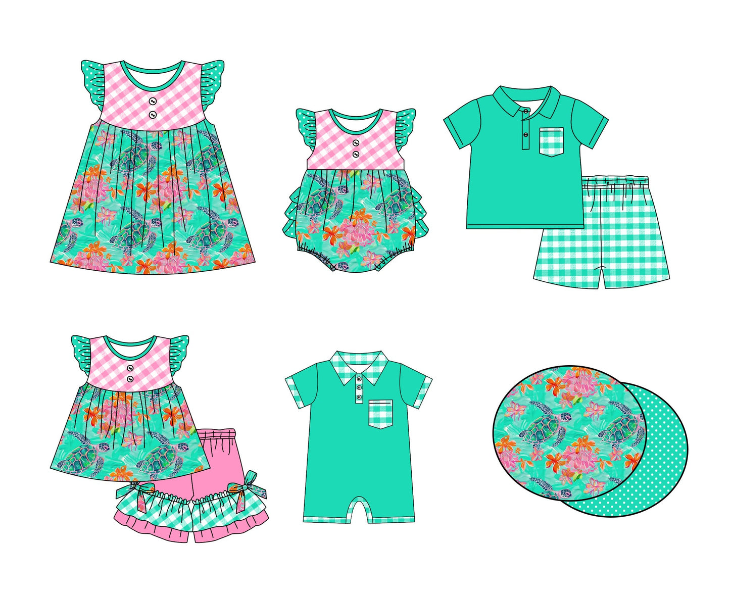 Baby Boy Girl Short Sleeves Sea Turtle Sibling Romper Dress Clothes Set Moq 5 Each Style