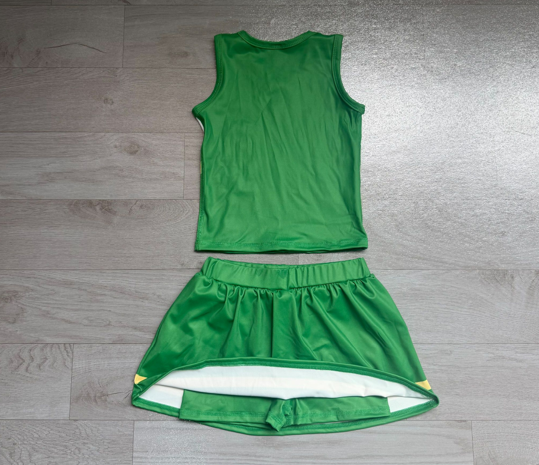 ( No moq ) Preorder Baby Girls Kids Sleeveless Shirt Green Skirt Shorts Yoga Active Team Cheer Set Clothes