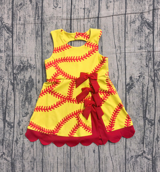 ( No moq ) Preorder Baby Girls Kids Sleeveless Softball Red Bows Shorts Knee Length Dress