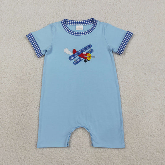 Baby Boys Kids Short Sleeves Embroidery Plane Blue Buttons Romper RTS