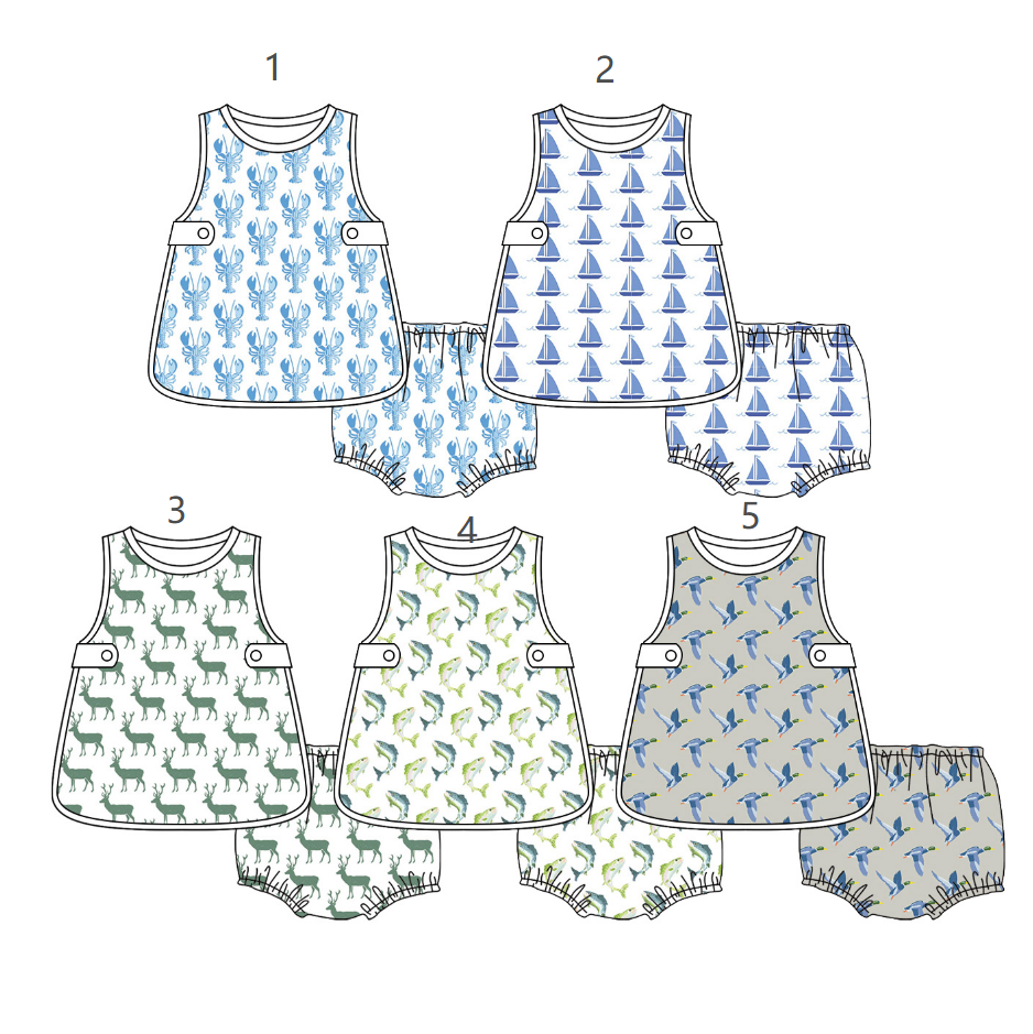 ( Moq 5 each style ) Baby Boys Kids Ducks Fish Deer Tops Bummie Shorts Sibling Clothes Sets