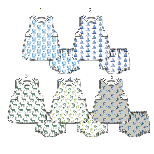 ( Moq 5 each style ) Baby Boys Kids Ducks Fish Deer Tops Bummie Shorts Sibling Clothes Sets
