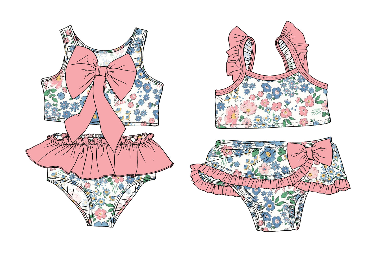 ( Moq 5 Each Style ) Sibling Baby Girls Kids Floral Tops Ruffle Shorts Pink Bows Sets Summer Swimsuits