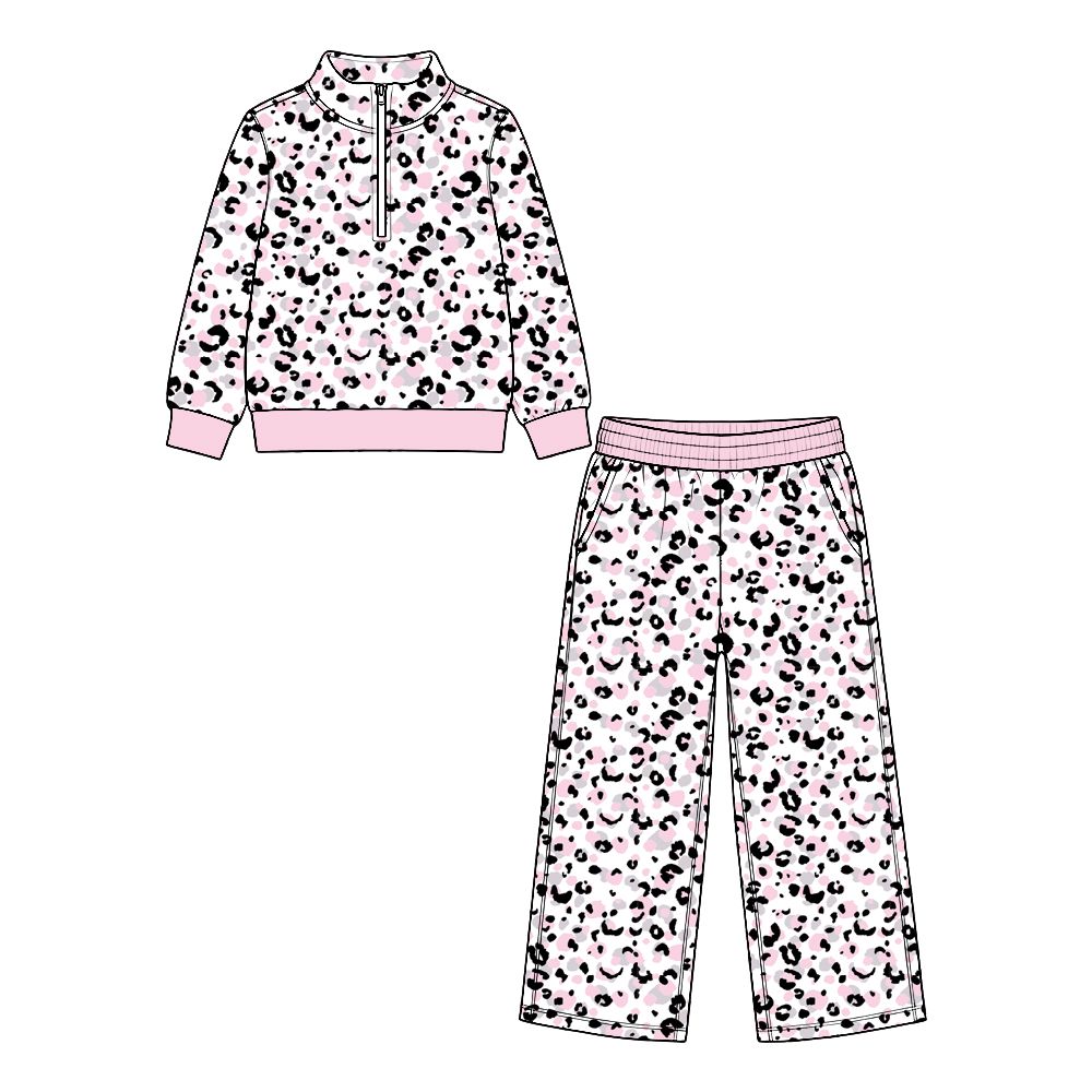 ( Moq 5 ) Preorder Baby Girls Kids Long Sleeves Zipper Leopard Pullover Shirt Pockets Pants Set Pink Clothes