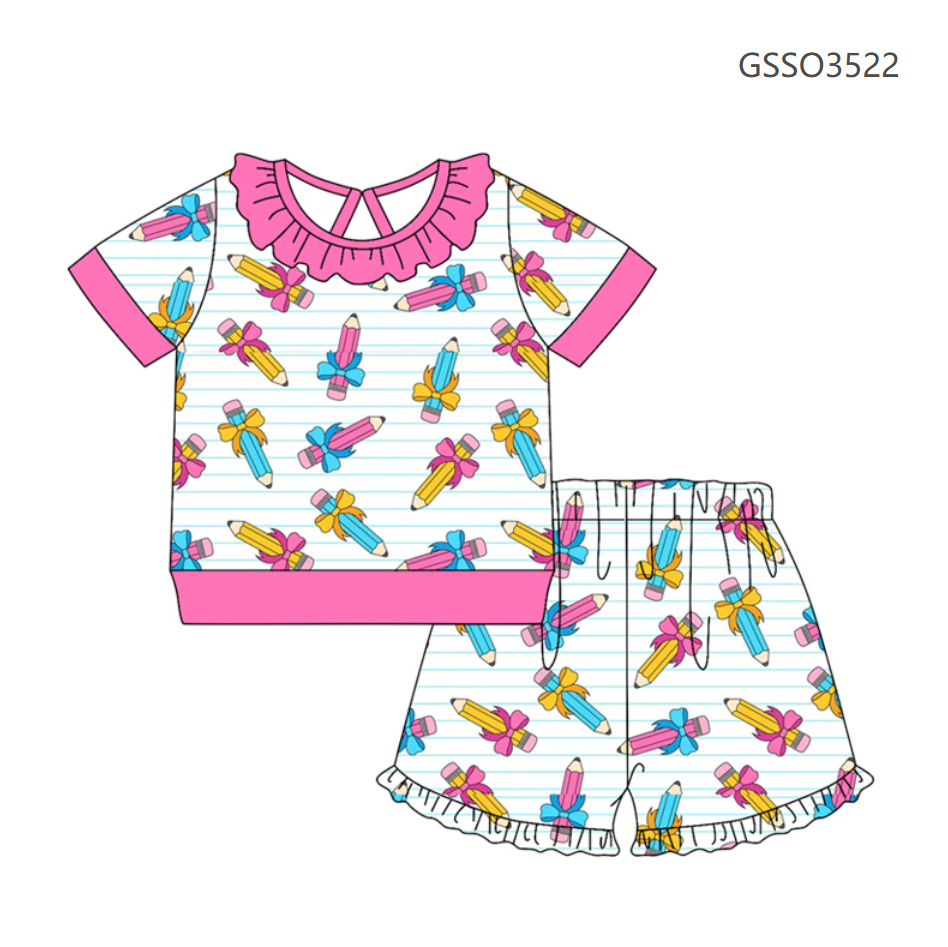 ( Moq 5 ) Preorder Baby Girls Kids Short Sleeves Bows Pencil Shirt Shorts Set Back to School Clothes