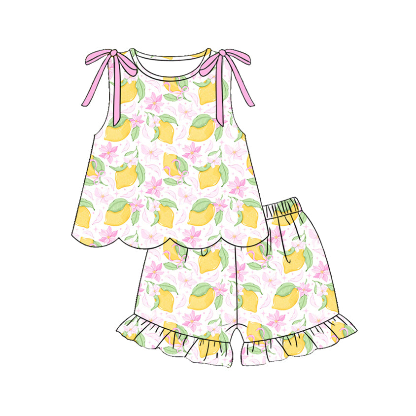 ( Moq 5 )  Preorder Baby Girls Kids Sleeveless Flower Bows Lemons Scallop Tops Shorts Set Summer Clothes