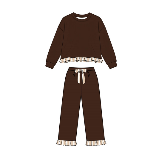 ( Moq 5 ) Preorder Baby Girls Kids Long Sleeves Shirt Pockets Pants Brown Set Sweatsuit‌ Clothes