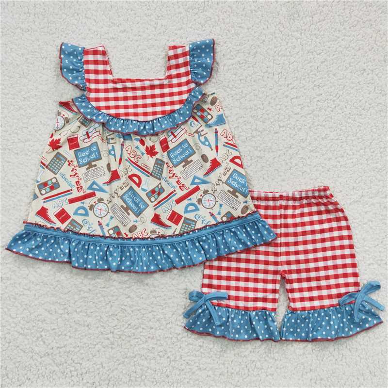 GSSO0345 Baby Girl Ruffle Sleeves Tunic Plaid Shorts Summer Back To School Outfit