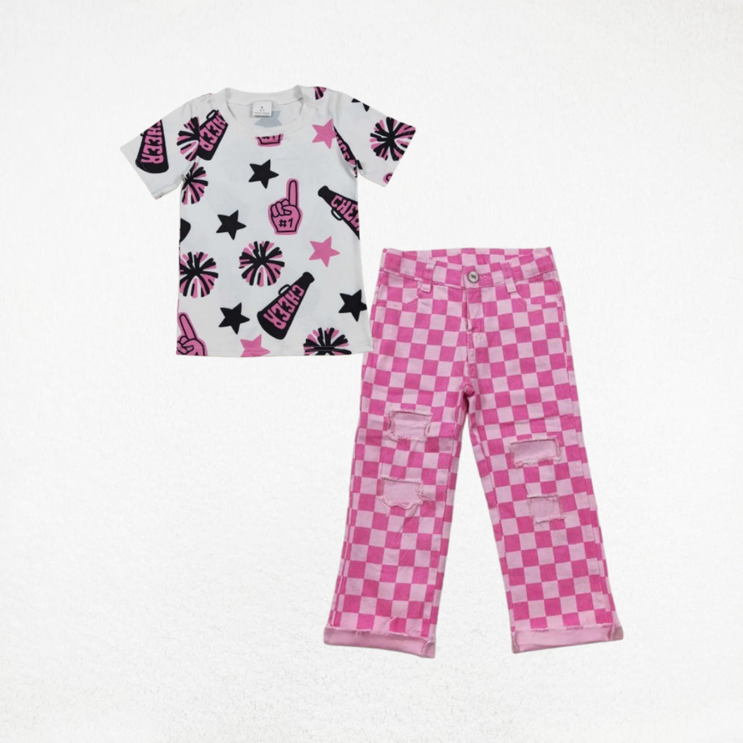 Baby Girl Short Sleeves Cheer Summer Shirt Pink Checked Denim Jeans Pants Set RTS
