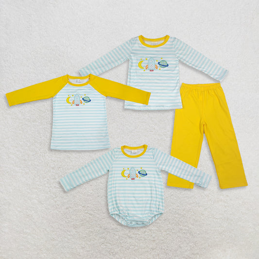 Sibling Baby Boys Kids Embroidery Space Rocket Stripes Romper Shirt Set Clothes RTS