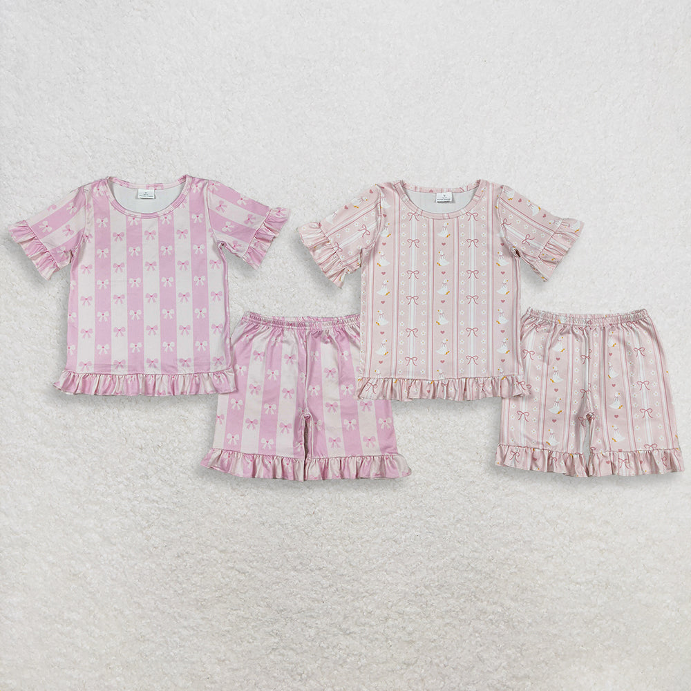 Sibling Baby Girls Short Sleeves Bows Shirts Shorts Summer Clothes Sets RTS