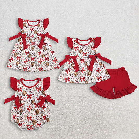 Sibling Baby Girl Infant Short Sleeves Baseball Red Bows Summer Bubble Romper Set RTS