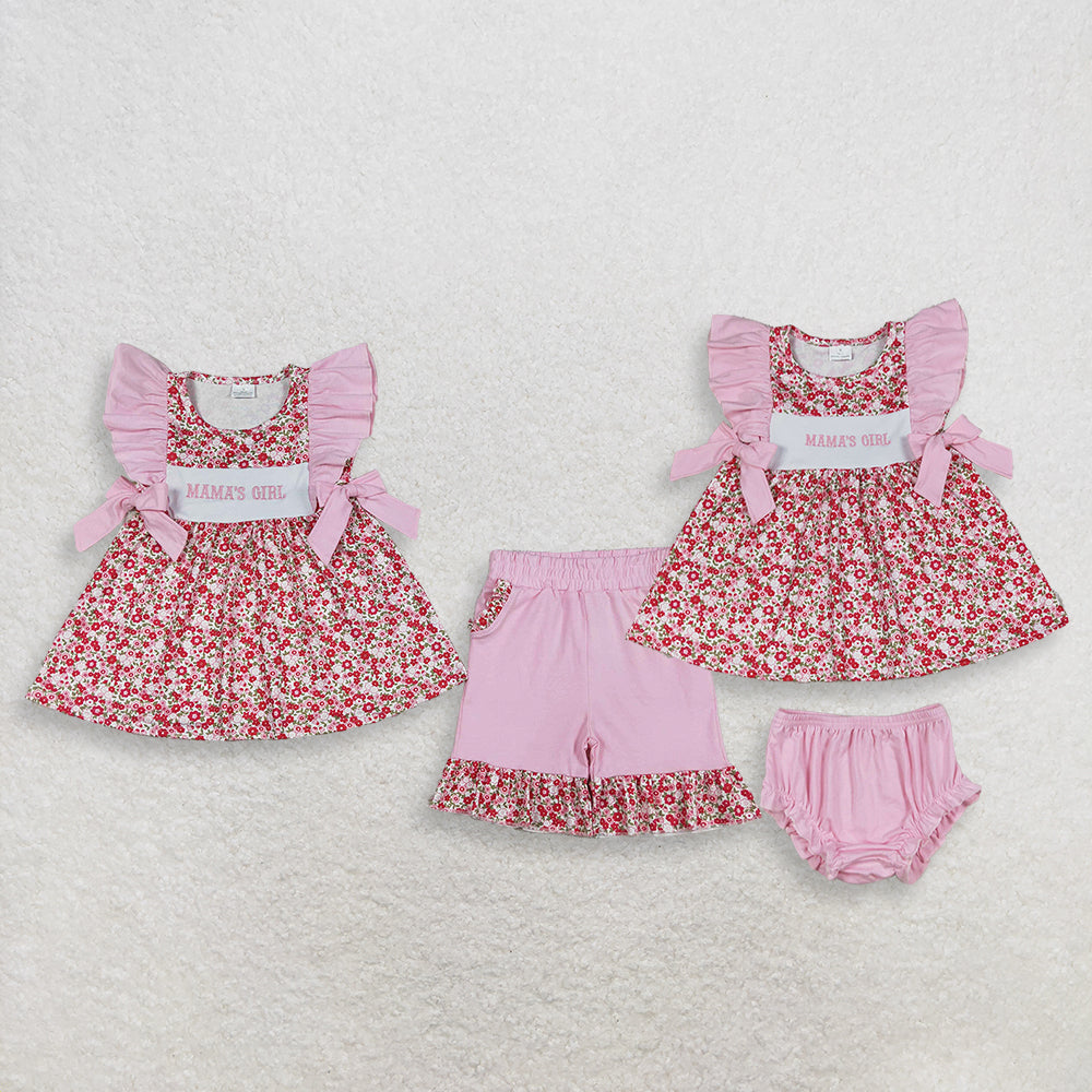 Sibling Baby Girls Kids Short Sleeves Embroidery Mama's Girl Flower Tops Pink Shorts Sets RTS