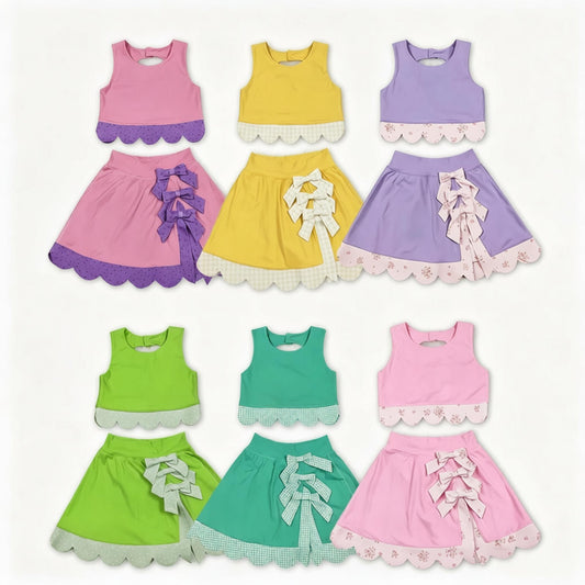 Sibling Baby Girls Kids Sleeveless Tops Bows Skirt Shorts Yoga Clothes Sets RTS