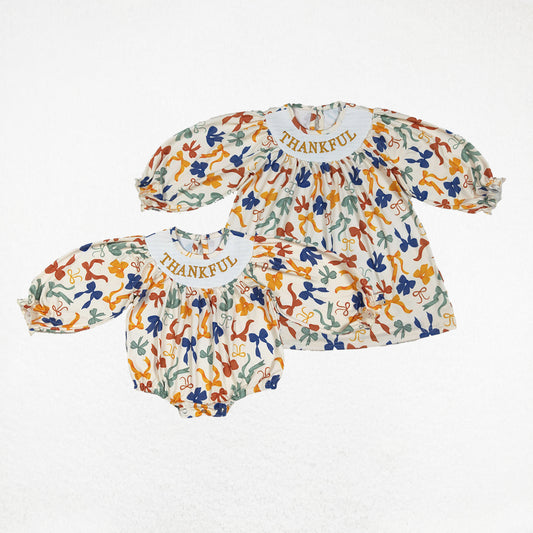 Baby Girl Long Sleeves Embroidery Thankful Colorful Bows Sibling Smocked Fall Romper Dress RTS