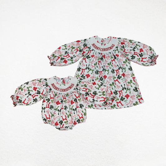 Baby Girl Long Sleeves Embroidery Merry Christmas Bows Sibling Smocked Romper Dress RTS