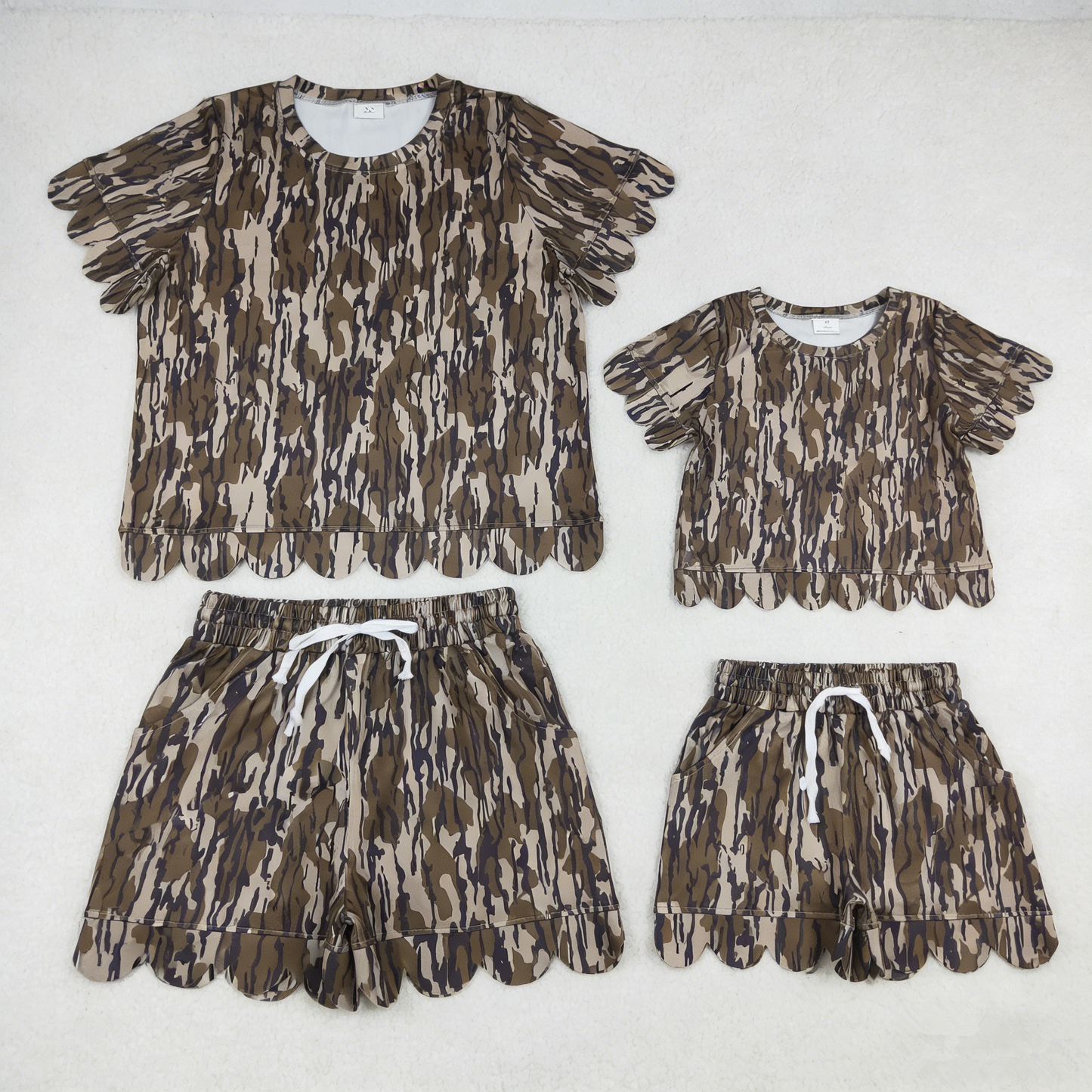 Sibling Baby Girls Adult Women Short Sleeves Camo Shirts Shorts Scallop Sets Summer Clothes RTS