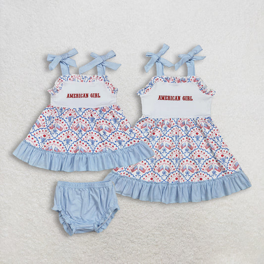 Sibling Baby Kids Straps Embroidery American Girl Flags Bows 4th of July Set Dress RTS