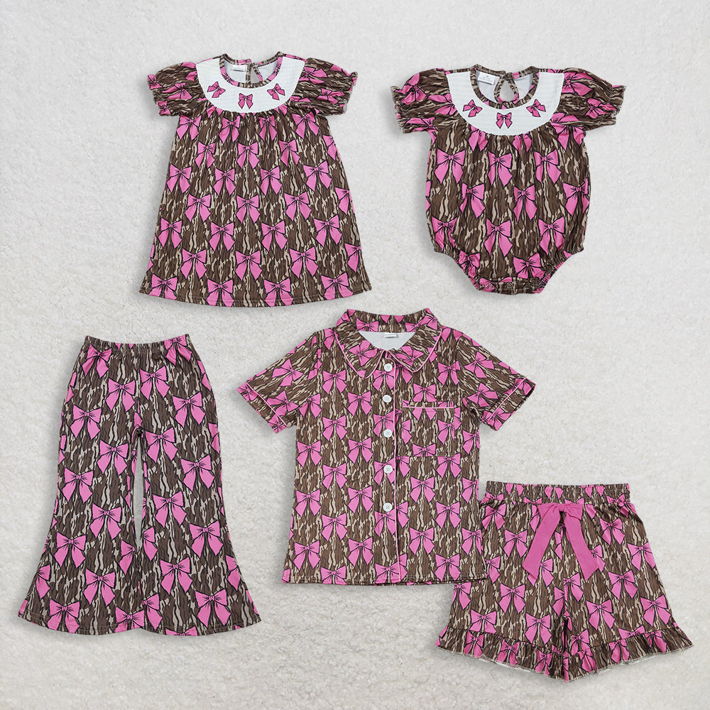 Sibling Girls Kids Adult Women Embroidery Bows Southern Camo Smocked Dress Romper Pajamas Pants RTS