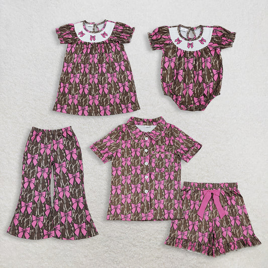 Sibling Girls Kids Adult Women Embroidery Bows Southern Camo Smocked Dress Romper Pajamas Pants RTS
