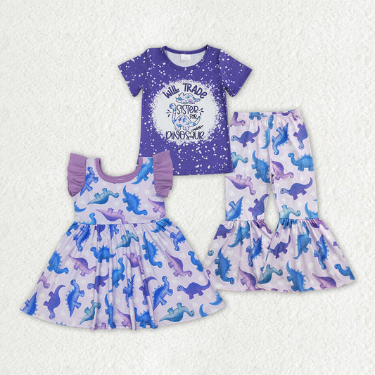 Baby Girl Short Sleeves Purple Dinosaurs Sibling Dress Clothes Set