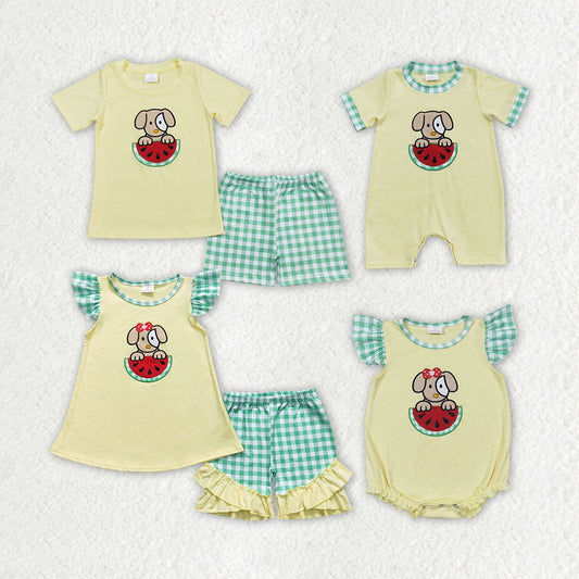 Baby Boy Girl Embroidery Dog Watermelon Sibling Yellow Romper Set