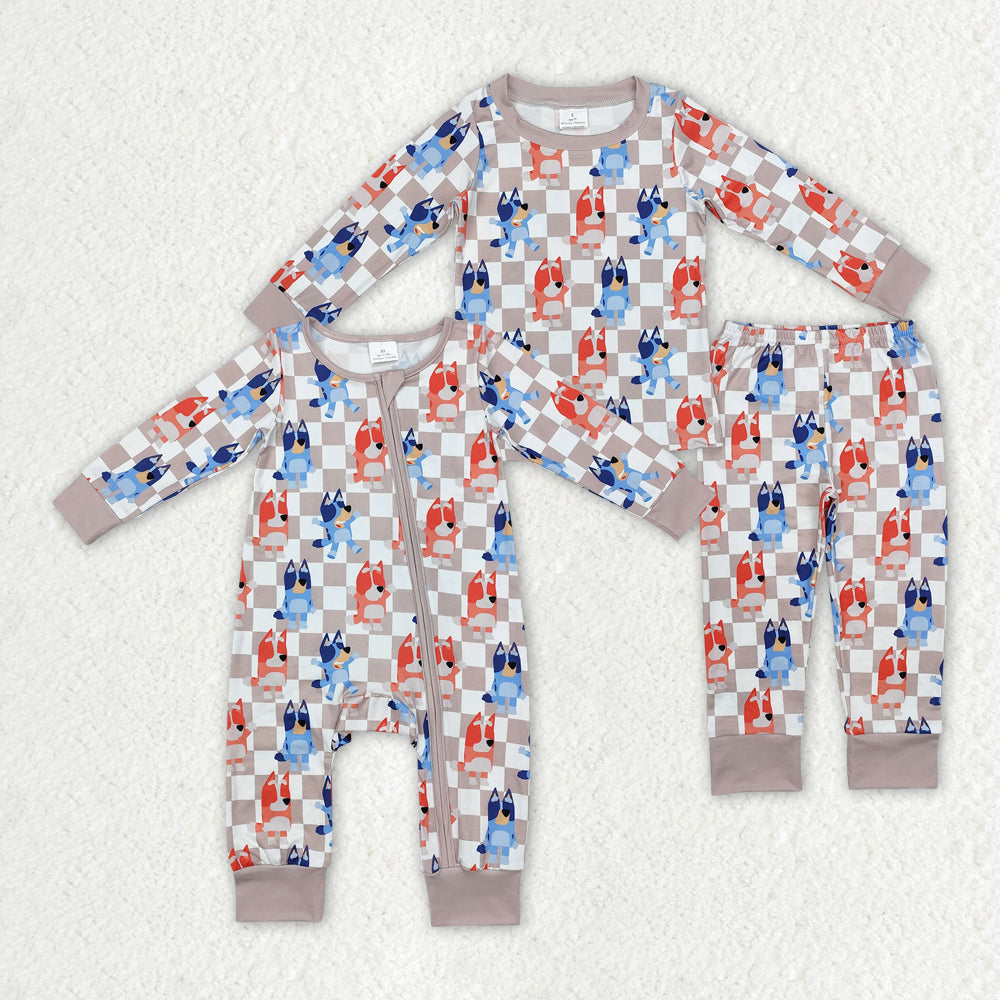 Baby Boy Long Sleeves Dogs Checkered Sibling Rompers Pajamas Set