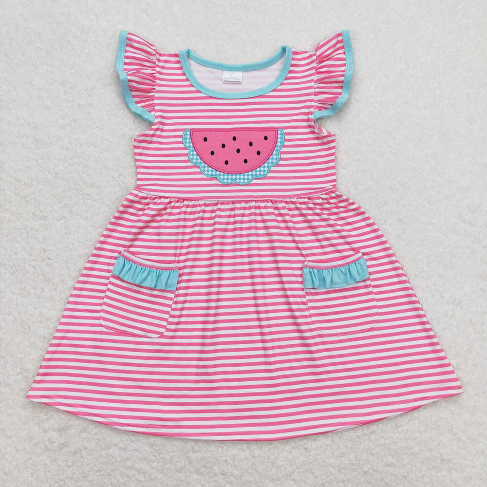 Baby Girl Pink Stripes Embroidery Watermelon Summer Sibling Sister Clothes Sets