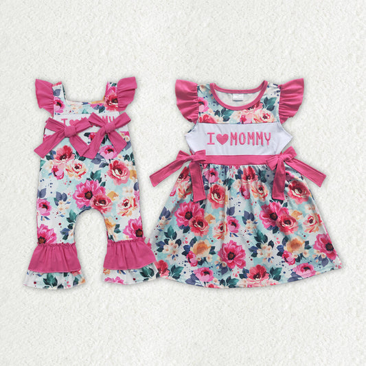 Baby Girl Short Sleeves Embroidery I Love Mom Floral Sibling Romper Dress