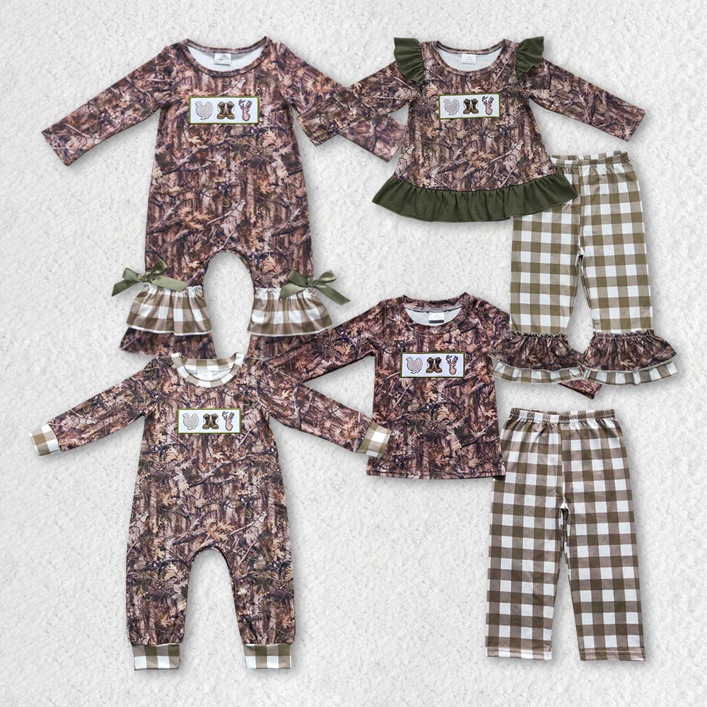 Baby Boy Girl Embroidery turkey Boots Camo Sibling Romper Set Hunting Clothes