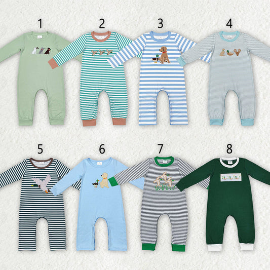 Baby Boy Infant Long Sleeves Embroidery Ducks Dogs Deer Romper Sibling Clothes RTS