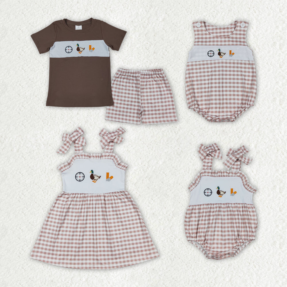 Baby Boy Girl Embroidery Duck Sibling Hunting Plaid Romper Set Dress